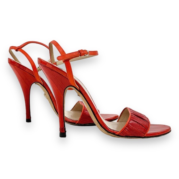 [relisted] Dolce & Gabbana Red Crocodile Effect Embossed Leather Heeled Sandals - Picture 2 of 9